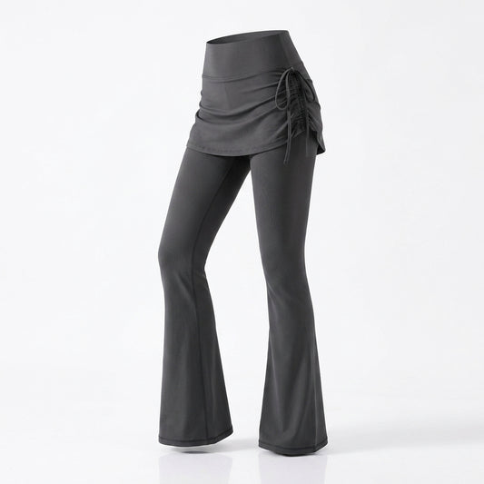 High-Waist Faux Two-Piece Flare Yoga Pants Drawstring Skirt